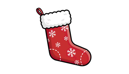 Red Christmas stocking with white fur cuff illustration.