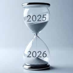 Hourglass with 2025 on top and 2026 on bottom symbolizing the transition of time and the approaching new year
