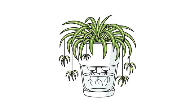 Spider plant illustration in selfwatering pot with plantlets.