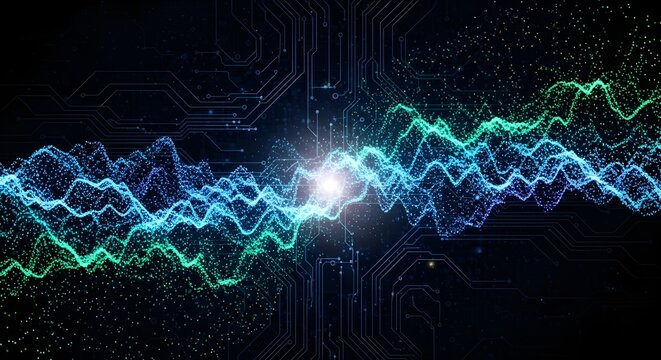 A vibrant abstract digital wave pattern combined with circuit board elements, symbolizing artificial intelligence, data flow, and high-tech electronic systems.