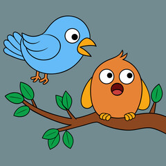 Two cartoon birds sitting on a branch with green leaves