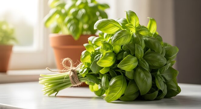 Fresh basil bunch on countertop with potted basil plants