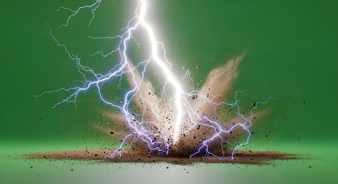 A lightning strike hits the ground with dust and debris against a vibrant green background scene display