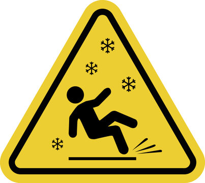 Slippery ice. Yellow warning triangle sign. Risk of slipping on icy surfaces. Risk of injury when walking on slippery surfaces.