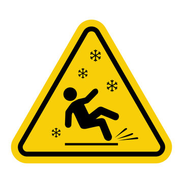 Slippery ice. Yellow warning triangle sign. Risk of slipping on icy surfaces. Risk of injury when walking on slippery surfaces.