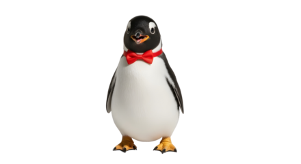 Cute cartoon penguin character wearing a red bowtie standing and smiling isolated PNG with Transparent Background