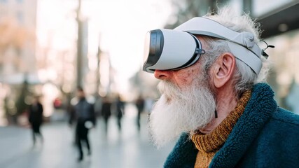 europe elder in white augmented virtual reality glasses in street