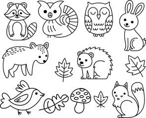 Fototapeta premium Cute forest animals outline illustration isolated on white background, including raccoon, owl, rabbit, bear, hedgehog, bird, squirrel, mushroom and leaves