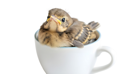 Cute baby bird fledgling sitting inside a small white teacup for spring concept isolated PNG with Transparent Background