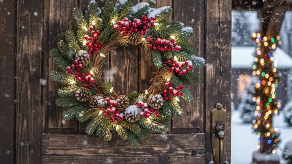 Christmas wreath with red berries and pinecones hanging on a rustic wooden door. Snow falling on festive holiday decoration with warm lights. Traditional winter season concept - Powered by Adobe