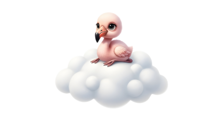 Adorable 3D illustration of a cute pink flamingo chick sitting on a fluffy white cloud isolated PNG with Transparent Background