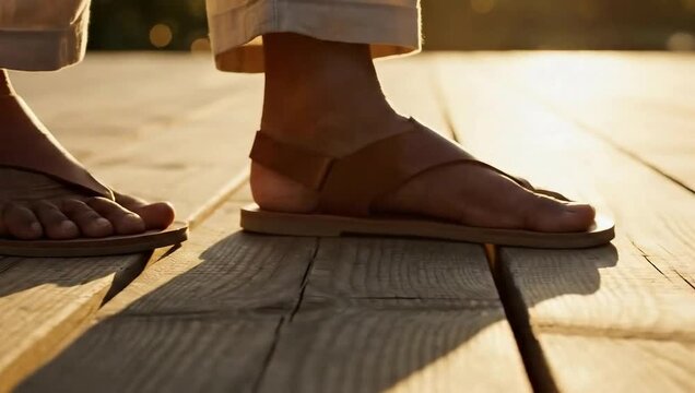 Feet in minimalist sandals gently stepping onto a sun-warmed wooden deck, enjoying a serene summer moment in slow motion