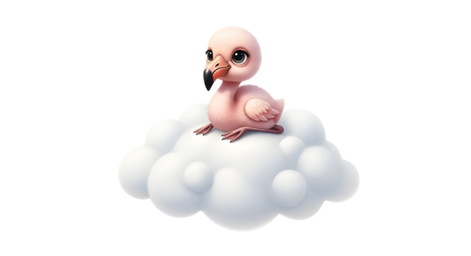 Adorable 3D illustration of a cute pink flamingo chick sitting on a fluffy white cloud isolated PNG with Transparent Background