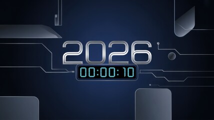 Technology countdown with year 2026 and digital timer on dark blue background