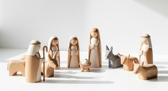 Wooden nativity scene figurines with baby jesus, mary, joseph, shepherd, and animals under sunlight on white background. concept of christmas tradition, religious art, handmade decor
