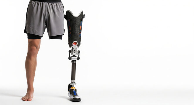 Young man with prosthetic leg standing confidently isolated on white background. concept of empowerment, adaptive technology, overcoming adversity, white background, copy space