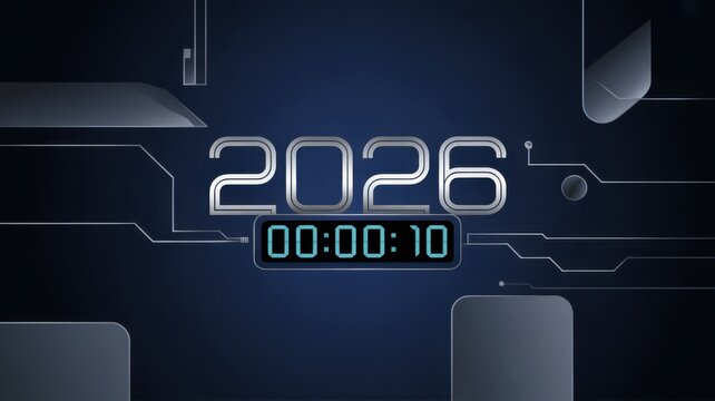 Technology countdown with year 2026 and digital timer on dark blue background