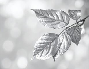 "Whispers in Silver: Leaves Framed by Bokeh Light"