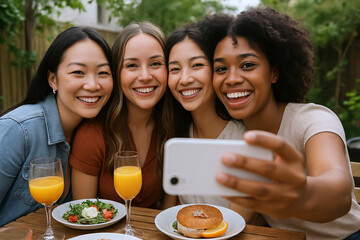 Four smiling women in casual clothes taking a selfie with a smartphone at an outdoor brunch. Happy female friends enjoying a meal together.