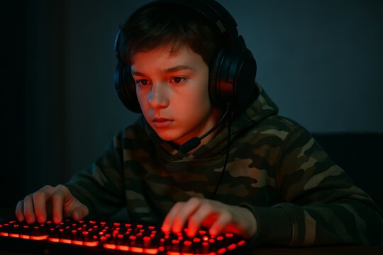 Boy playing video game with headset and glowing keyboard in dark room. Teenager gaming in online competition for e-sport and digital entertainment.