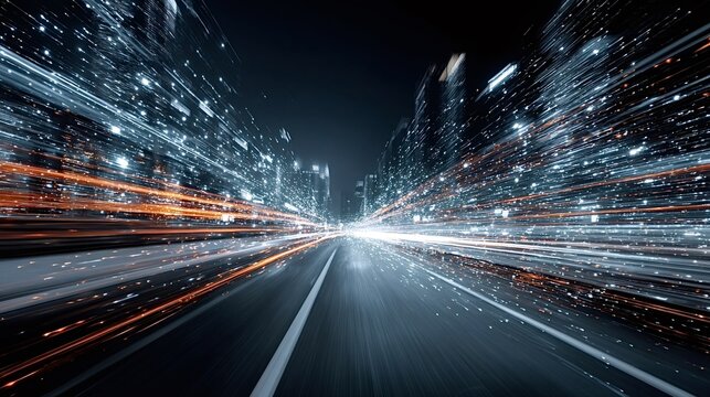 Digital data streams and light trails rushing along a highway through a futuristic city, symbolizing fast connectivity, technology, and global communication networks