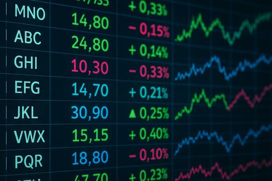 Digital stock market chart displaying real time data. Financial trading screen with numbers and line graphs. Global economy index.