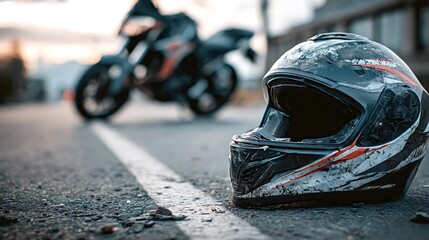 Scratched and worn helmet lying on the road with a blurred motorcycle in the background, signaling a recent traffic incident and highlighting the importance of safety equipment