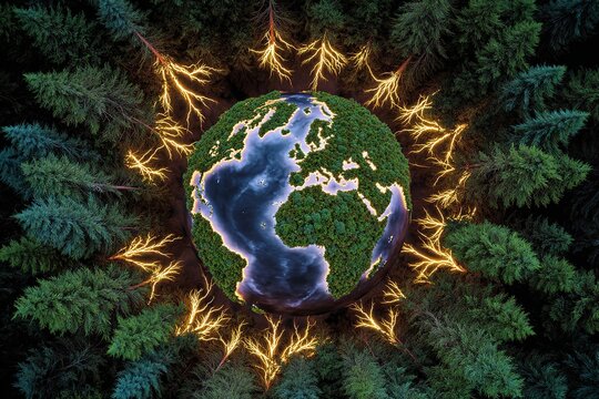 Green Earth Globe Surrounded by Trees and Lightning