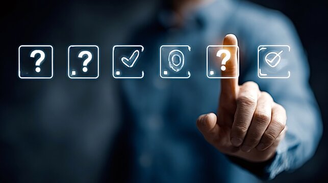 Hand selecting a holographic question mark icon on a futuristic digital touch screen, representing choices, decisions, complex problem solving, and interactive technology for surveys or feedback