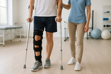 Man with leg brace walking on crutch with woman physically assisting him in clinic. Physical therapy for leg injury rehabilitation and recovery.