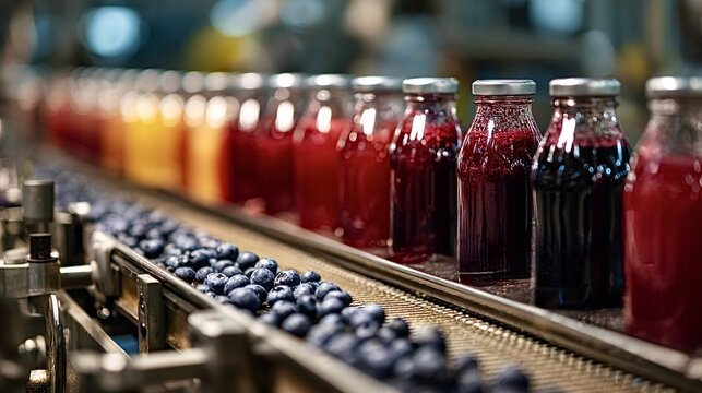 Blueberries moving on a conveyor belt toward processing, with rows of glass bottles filled with fruit juice in various red and purple hues continuing further down the factory assembly line