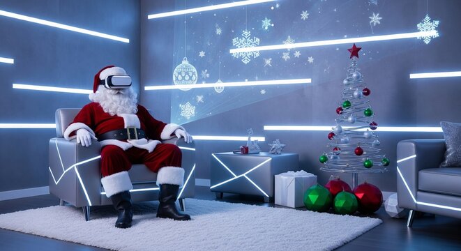 Santa clause in virtual reality headset sitting on sofa in futuristic living room with projected Christmas decoration. Merry Christmas celebration.