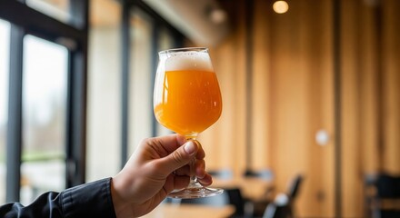 A man or woman hand holding glass of craft beer. Fresh beverage drink sample at brewery. Golden ale with foam for tasting event, celebration, autumn. copy space