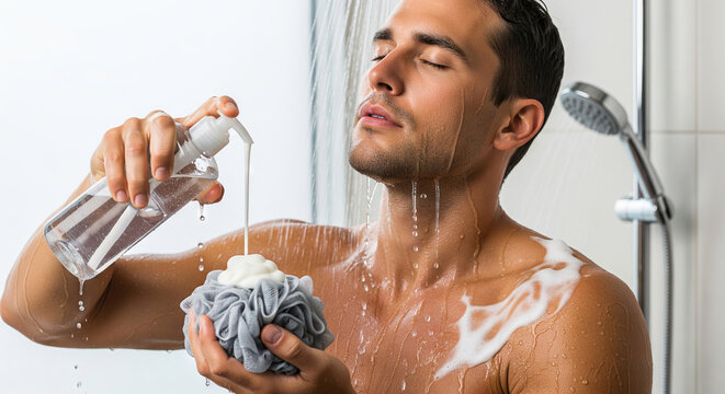 Man with eyes closed pouring liquid soap from bottle onto grey bath sponge in shower for daily hygiene and relaxation.
