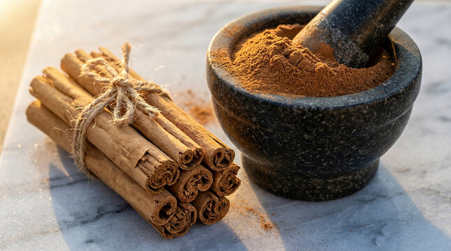 A rich, textural macro shot capturing both forms of Ceylon cinnamon on a marble surface.