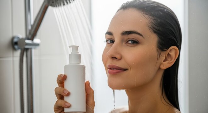 Woman holding white bottle dispenser in shower. Skincare routine and hygiene product. Happy healthy female using shampoo or body wash.