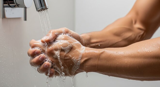 Man washing hands with soap and water to prevent spread of bacteria and germs. Promote hygiene and health with proper handwashing technique. - Powered by Adobe