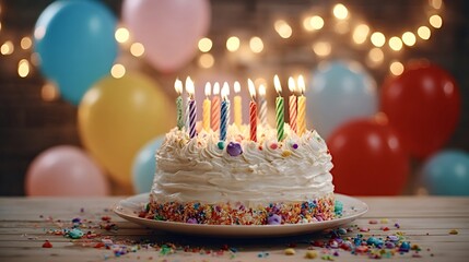 White frosted birthday cake with many lit candles and colorful sprinkles on a wooden table, soft bokeh of balloons and fairy lights in the background conveying festive celebration and joy