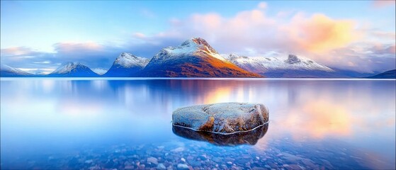 A serene landscape featuring snow-covered mountains reflected in a still lake. A solitary rock sits in the clear water in the foreground, with the sky illuminat