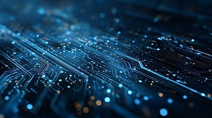 Blue illuminated circuit board featuring glowing lines and dots, representing digital information flow, advanced technology, and data processing within a complex electronic system