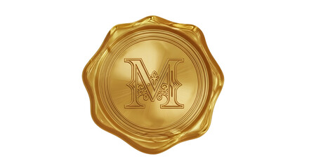 Golden Wax Seal with Embossed M Letter and Ornate Design isolated PNG with Transparent Background