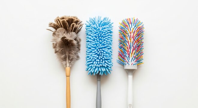 Three different duster types shown on a clean white background. Various cleaning tools for home, office tidiness, and domestic chores.