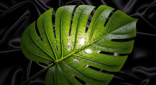 Close up of a monstera leaf with water droplets on a dark black satin fabric background texture