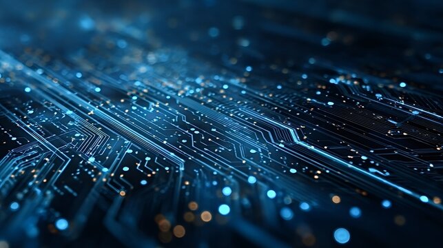 Blue illuminated circuit board featuring glowing lines and dots, representing digital information flow, advanced technology, and data processing within a complex electronic system