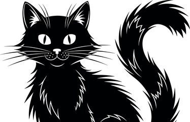 Cute stylized cartoon cat illustration with fluffy tail, big eyes, and expressive face in black and white vector art style