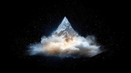 A majestic, snow-capped mountain peak rises dramatically from swirling clouds against a dark, star-filled night sky. The scene is illuminated by a mystical glow