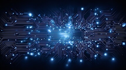 Abstract circuit board displaying glowing lines and connection points, representing electronic data flow, processor activity, and intelligent computing concepts within a digital technology network