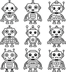 Fototapeta premium Black and White Vector Grid of Nine Cartoon Robots with Unique Designs and Expressions 