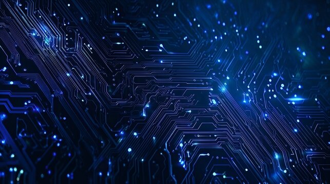 Complex network of illuminated blue circuit board lines and glowing dots represents information flow, digital communication, and advanced technology concepts in an abstract, futuristic design