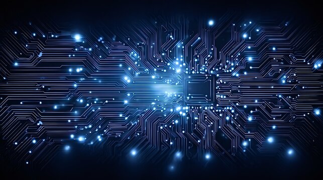 Abstract circuit board displaying glowing lines and connection points, representing electronic data flow, processor activity, and intelligent computing concepts within a digital technology network